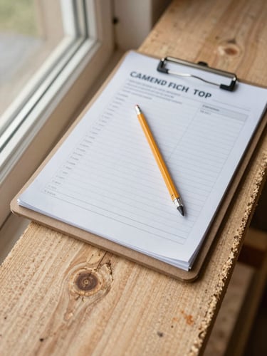 Close overhead shot of a job-site estimate clipboard resting on raw lumber, pencil marks visible on a ruled sheet, natural diffused daylight from a window to the left, wood grain texture filling the lower frame