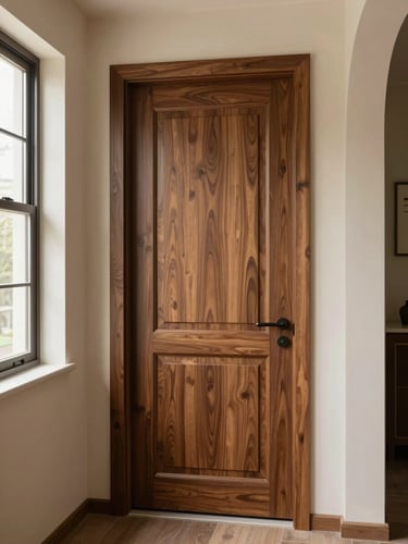 Wide environmental shot of a finished custom wood door installed in a warm interior hallway, diffused natural daylight from a side window, rich walnut grain visible across the full panel face, door frame fitted flush to the plaster wall with tight mitered corners