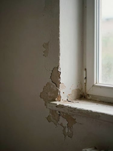 Close-up of a worn interior wall showing peeling paint and cracked plaster near a window frame, natural diffused daylight, documentary detail shot