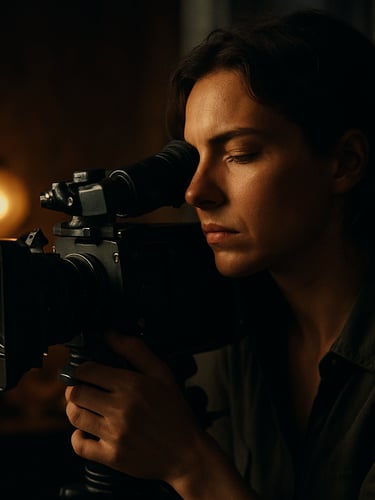 Cinematic close-up of a female director looking through a camera viewfinder, warm practical lamps, deep shadows, moody urban tones, 35mm film.