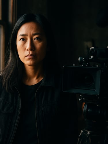An intimate behind-the-scenes portrait of director Donna Du on a cinematic film set, warm natural window light, deep shadows, rich contrast, moody urban tones, 35mm film.