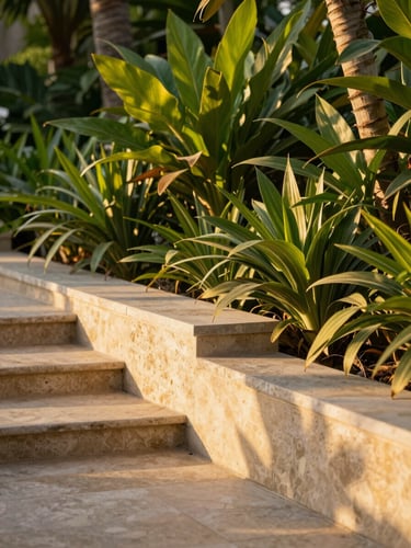 Close-up of structured tropical garden with architectural stone pathway, warm golden hour lighting, rich green foliage