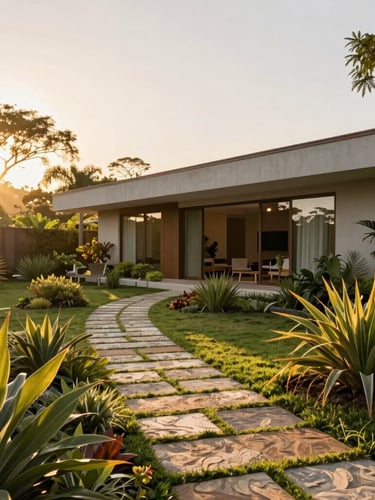 Wide environmental shot of a modern Brazilian home integrated with a lush native garden, stone pathway, golden hour sun, bleed style