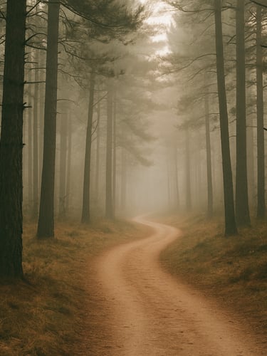 A quiet, winding outdoor path through towering pine trees bathed in soft morning light, misty atmosphere, muted earth tones, 35mm photography.
