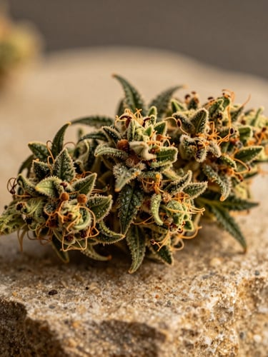 Macro close-up of a dense, trichome-rich cannabis flower resting on a raw sandstone block, warm golden-hour side lighting