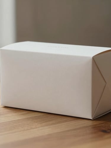Elegant minimalist packaging resting on a warm wooden tabletop, soft diffused natural window light, clean composition