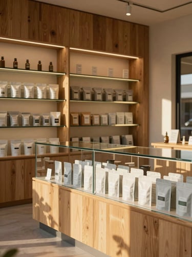 Warm wood-accented interior of a modern cannabis dispensary, soft golden-hour light illuminating clean glass display cases with minimalist packaging