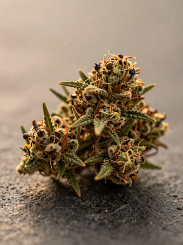 Macro shot of clean, trichome-rich cannabis flower resting on a neutral dark stone surface, warm golden-hour light from the side, extreme close-up