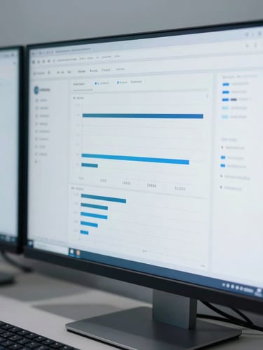 Macro close-up of a modern dual-monitor workspace setup, clean SaaS dashboard displaying real-time metrics, cool daylight, sharp focus, desaturated blue tones, 35mm