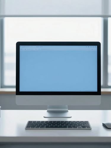 Clean minimal workspace with structured desk setup, soft overhead window light, desaturated blue tones, professional 35mm
