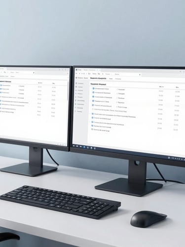 Crisp corporate tech photography of a clean minimal workspace with a dual-monitor setup showing active support ticketing dashboards, cool daylight, sharp focus, desaturated blue tones, 35mm