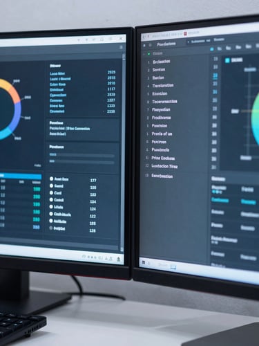 Macro detail shot of dual-monitor setup showing high-performance system metrics, cool daylight, sharp focus, 35mm