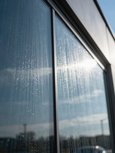 Extreme close-up of water sheeting off perfectly clean, streak-free glass window, reflecting bright midday sun and blue sky.