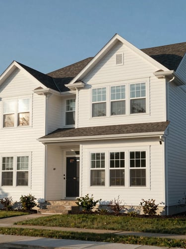 Wide architectural shot of a clean Indianapolis suburban home, bright morning sun reflecting off pristine siding and sparkling windows.
