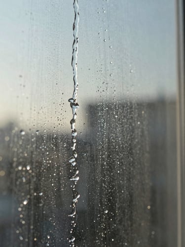 Extreme close-up of water sheeting off perfectly clean glass, morning light reflecting on a spotless window pane.