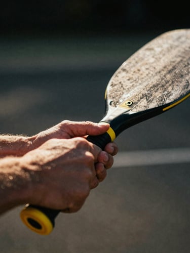 Ultra close-up macro shot of hands gripping a sleek black paddle with yellow accents, harsh midday sun creating sharp contrast, 35mm film grain