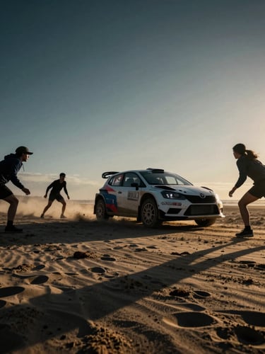 Dynamic low-angle wide shot of athletic adults playing Rally on a wind-swept beach at golden hour, sharp shadows, high-contrast dark tones, cinematic action photography.