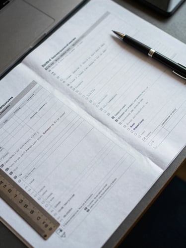 Overhead close-up of a route planning document spread across a desk, printed delivery schedules and handwritten dispatch notes visible, a ruler and pen resting at the edge, cool office daylight from above, sharp and documentary in feel