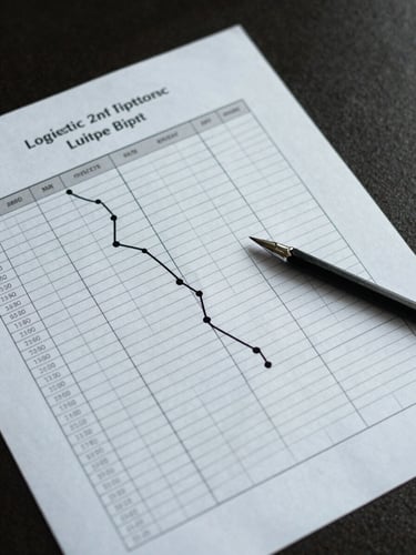 Overhead close-up of a logistics planning document with route grids and vehicle codes marked in pencil, cool daylight from above, dark desk surface, sparse and precise