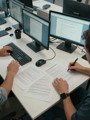 Wide-angle overhead shot of a shared office desk showing two team members mid-task — keyboards, annotated printed documents, and open browser tabs visible under cool overhead daylight, no faces, candid work in progress