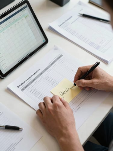 Wide desk-level view of annotated logistics documents and a tablet showing a dispatch calendar, a hand mid-motion adjusting a sticky note on a printed fleet schedule, overhead office daylight, candid and operational