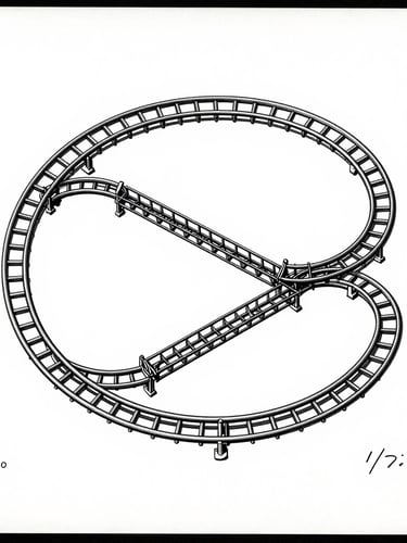 Orthographic patent drawing scan of a vintage 1960s dark ride track layout, high-contrast monochrome, clean white background, technical drafting lines.