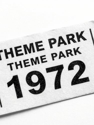 Close-up of a faded physical theme park ticket from 1972, high-contrast monochrome scan, visible paper texture