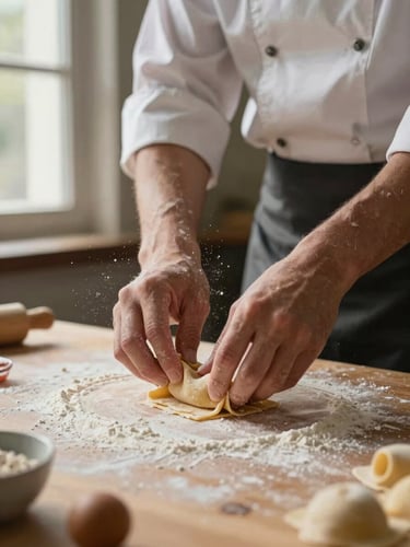Close-up portrait framing of a chef's hands folding fresh pasta on a floured wooden counter, soft north-facing window light falling across the dough, flour dust caught mid-air, unhurried and tactile