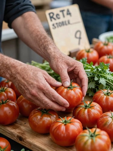 Close-up of a market vendor's hands arranging heirloom tomatoes and herbs on a wooden stall table, soft north-facing daylight, a weathered price card in the background, unhurried and tactile