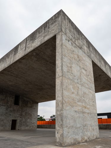 Low-angle architectural shot of a massive raw concrete structure under an overcast Mexico City sky, sharp geometric lines, desaturated tones with a subtle orange safety barrier in the background.