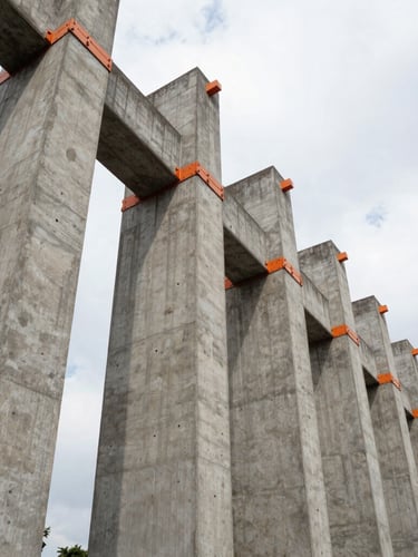 Low-angle architectural photography of raw concrete columns under an overcast CDMX sky, sharp shadows, high-contrast industrial safety orange accents on steel connectors, wide-angle lens