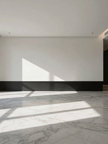 Wide-angle architectural interior of a minimalist luxury living room, sharp natural light casting clean geometric shadows on flawless marble floors, high-contrast.