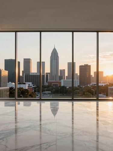 Wide architectural shot of a minimalist luxury high-rise living room, light reflecting off polished marble floors, floor-to-ceiling windows overlooking Atlanta skyline, warm golden hour glow.