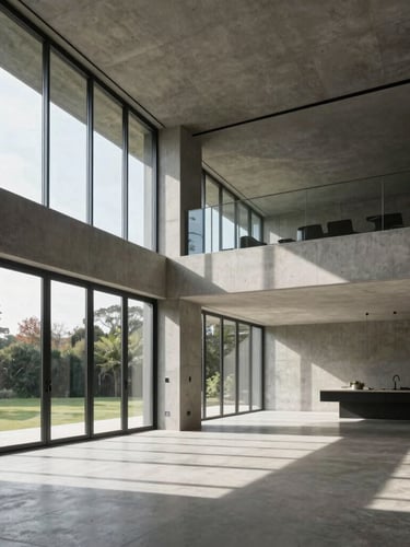 Wide-angle architectural interior shot of a modern concrete and glass luxury home, dramatic natural light streaming through pristine floor-to-ceiling windows, sharp shadows, zero dust.