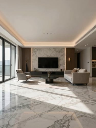 Wide-angle architectural interior shot of a luxury modern penthouse living room, natural light streaming across streak-free marble floors, sharp geometric shadows, minimalist aesthetic.