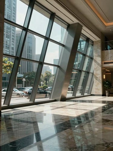 Sharp geometric interior of a luxury commercial lobby, dramatic natural light reflecting off streak-free polished marble floors and structural glass panels, high-contrast architectural framing