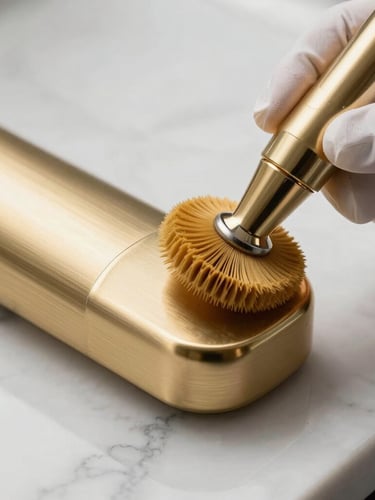 Extreme close-up of a hand in a white glove polishing a brushed champagne gold fixture, dramatic side lighting highlighting flawless marble surfaces in the background