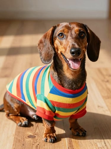 Vibrant pet photography, warm natural daylight, a happy dachshund wearing a custom-fit colorful striped shirt sitting comfortably on a wooden floor, eye-level 35mm