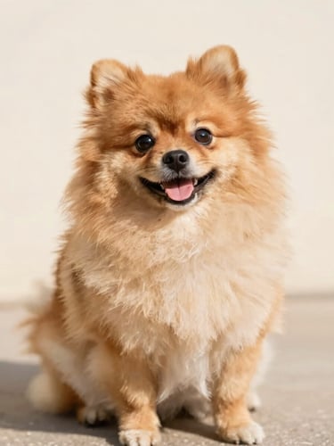A happy fluffy Pomeranian dog sitting comfortably, looking at the camera with a joyful expression, warm natural daylight, soft cream background, eye-level 35mm