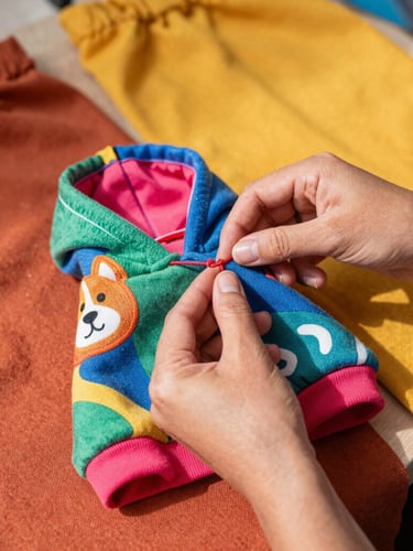 Close-up of hands carefully stitching a small colorful dog hoodie in a bright Guanajuato workshop, vibrant fabrics in terracotta and marigold tones scattered around, warm natural daylight