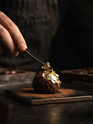 Macro shot of a hand delicately applying 24-karat gold leaf to a dark chocolate truffle, dramatic side-lighting, deep shadows, rich gold and obsidian tones, shallow depth of field.