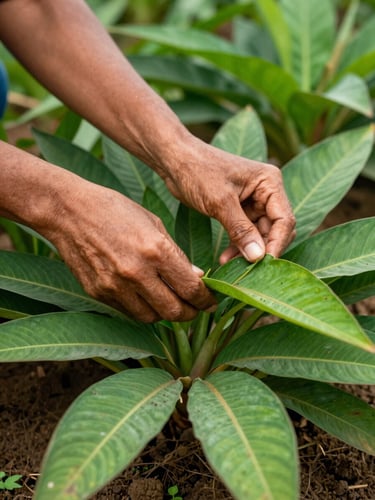 Extreme close-up of a woman's hands parting lush green turmeric leaves in a Tumbes field, natural north-facing daylight, rich soil visible at the base of the plants, deep greens and warm earth tones, no artificial light