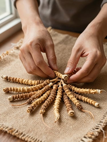 Close-up overhead frame, woman's hands sorting dried maca roots on a natural burlap surface under north-facing window light, texture of roots visible, warm gold and earth tones, no artificial glow