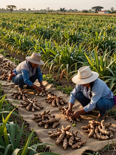 Wide panoramic frame, Tumbes Peru farmland at golden hour — two women in wide-brim hats crouching low to inspect freshly harvested turmeric roots laid on burlap cloth, hands visible mid-inspection, lush green crop rows receding into background, warm natural daylight from the left, no faces visible, documentary framing