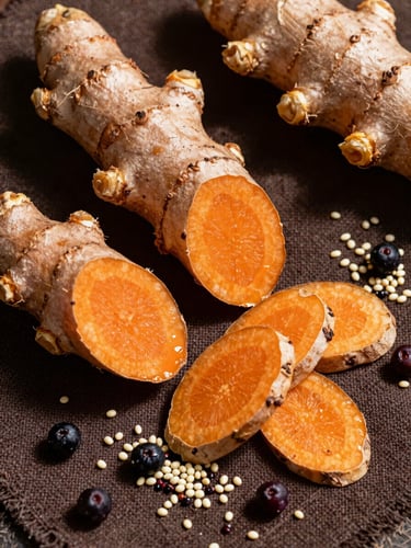 Extreme close-up overhead flat-lay of quartered fresh turmeric roots and ginger knuckles arranged on dark soil-brown linen, vivid orange cross-sections catching natural north-facing daylight, scattered quinoa grains and camu camu berries filling the negative space