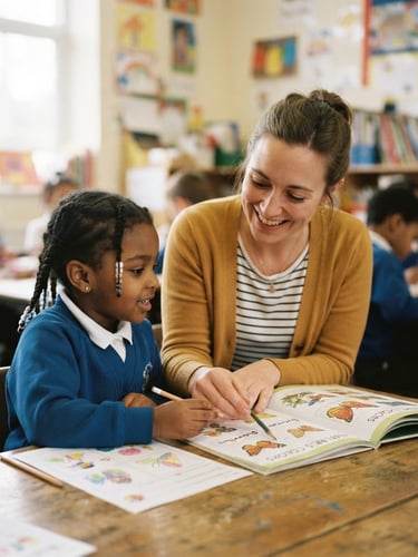 Bright daylight photo of a teacher guiding a young child in a warm classroom, soft authentic colors, candid school moment, shallow depth of field