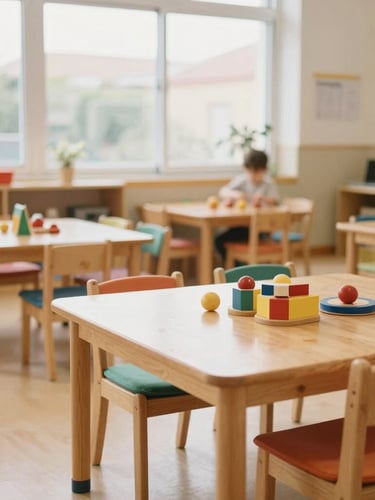 Bright Kindergarten classroom in Tolosa with low wooden tables, colorful cushions, soft natural light streaming through large windows, and educational toys neatly arranged