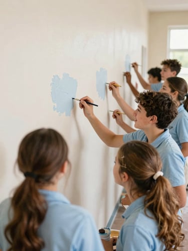Teenagers from a high school group painting a community center wall together, smiling, candid moment of teamwork and joy, bright natural daylight, warm editorial photography, 35mm.