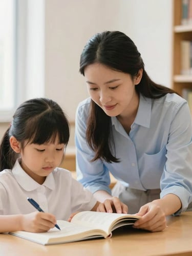 A teacher kneeling to guide a young student with a book in a bright library, soft natural light, warm editorial photography, shallow depth of field, 35mm
