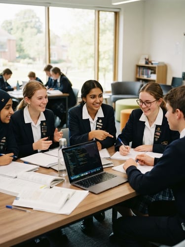 A group of high school students in uniforms sitting in a bright modern classroom, collaborating on a project with notebooks and laptops, warm natural daylight filtering through large windows, authentic school moment, 35mm.